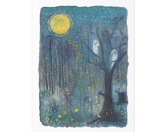 Firefly Print Watercolor Painting Print Starry Night In The Forest Fireflies Owls Owl Wall Art Print Lightning Bug Home Decor Wall Decor