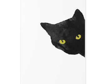 Sneaky Black Cat I Print Golden Yellow Eyes Print Poster Black Kitty Cat Cute Cat Gift Various Sizes Unframed Print Watercolour Art Print