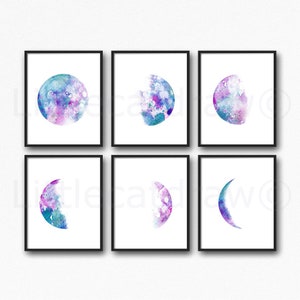 Moon Print Set Of 6 Phases Decor Bedroom Watercolor Painting Print Celestial Print Luna Phases Home Decor Art Prints Moon Gift Wall Unframed image 7