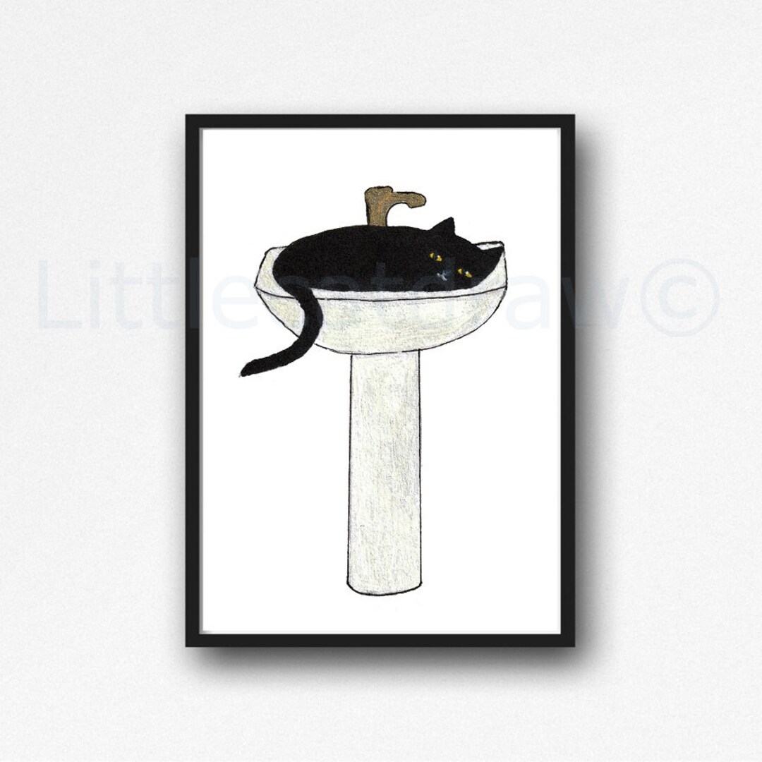 Cat Print Black Cat in the Sink Watercolor Painting Print Wall Art ...