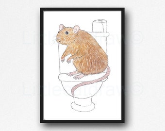 Rat Print Toilet Rat Watercolor Painting Print Wall Art Bathroom Decor Toilet Wall Decor Art Print Rat Lover Gift