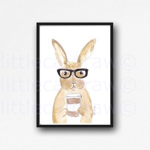 Rabbit Print Geek Bunny Rabbit Wearing Glasses Drinking Coffee Watercolor Painting Art Print Wall Art Bunny Lover Gift Wall Decor Unframed
