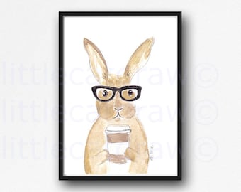 Rabbit Print Geek Bunny Rabbit Wearing Glasses Drinking Coffee Watercolor Painting Art Print Wall Art Bunny Lover Gift Wall Decor Unframed