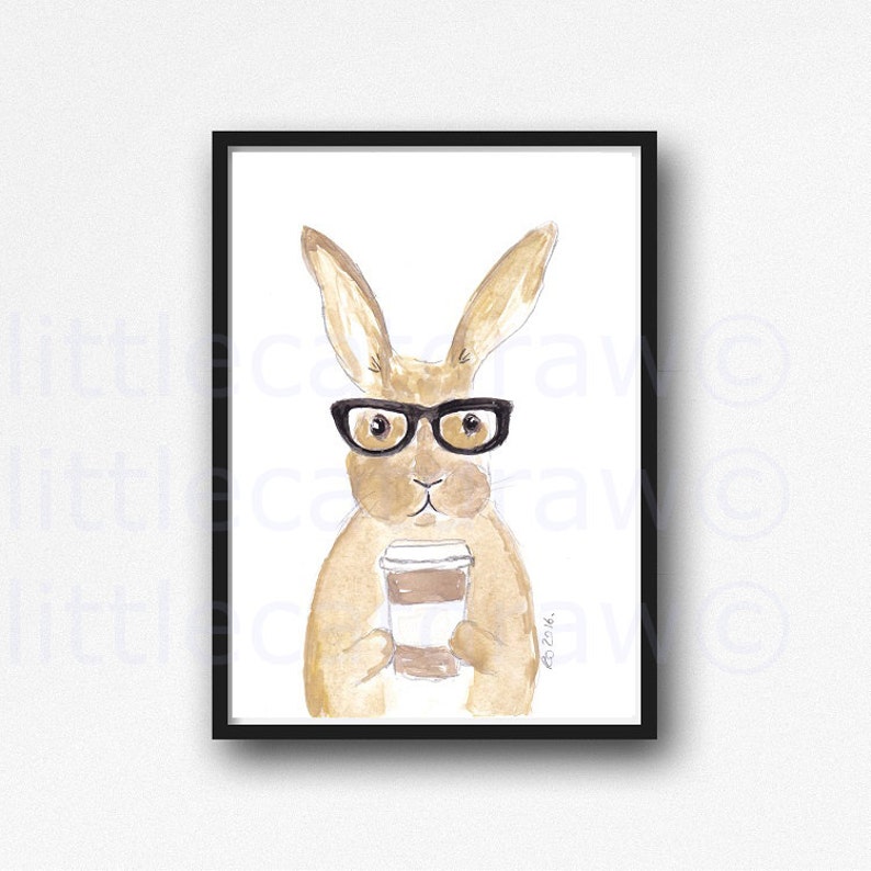 Rabbit Print Geek Bunny Rabbit Wearing Glasses Drinking Coffee Watercolor Painting Art Print Wall Art Bunny Lover Gift Wall Decor Unframed image 1