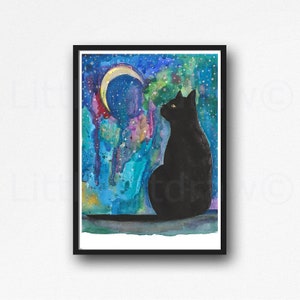 Luna gato impresión gato negro arco iris galaxia luna acuarela pintura impresión gato arte impresión pared arte pared decoración gato amante regalo sin marco cartel