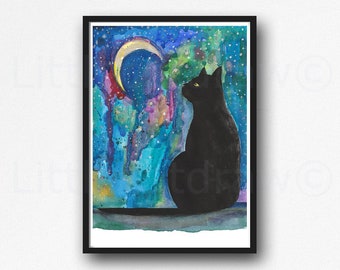 Moon Cat Print Black Cat Rainbow Galaxy Moon Watercolor Painting Print Cat Art Print Wall Art Wall Decor Cat Lover Gift Unframed Poster