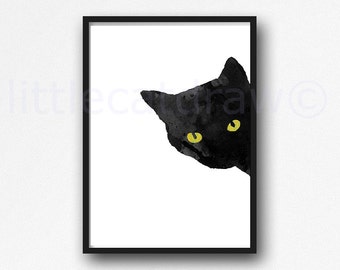 Sneaky Cat Print Black Cat Watercolor Painting Print Bedroom Wall Decor Cat Art Black Cat Lover Gift Cat Decor Home Decor Unframed
