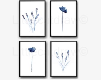 Lavender And Poppy Print Set Of 4 Watercolor Painting Print Botanical Print Watercolor Blue Lavender Wall Art Living Room Wall Decor Print