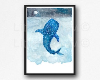 Whale Shark Painting Under the Moon Starry Night Print Whale Poster Print Art Home Decor Beach Coastal Wall Art Whale Watercolor Print