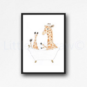 Giraffe Print Bath Time Giraffe Watercolor Painting Print Wall Art Bathroom Decor Bathtub Bath Tub Wall Decor Art Print Gift Unframed