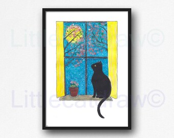 CAT Print Black Cat Playing with Loo Rolls Toilet Wall Art Black Cat Painting by Littlecatdraw Original Art Print Cat Illustration Unframed