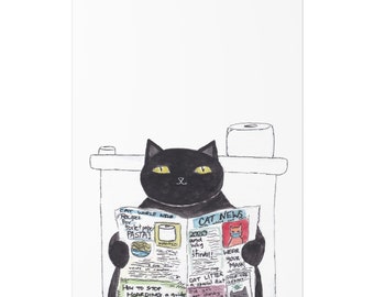 Cat Print Black Cat Reading the Newspaper Painting Print Wall Art Bathroom Decor Toilet Wall Decor Art Print Cat Gift Large Cat Poster