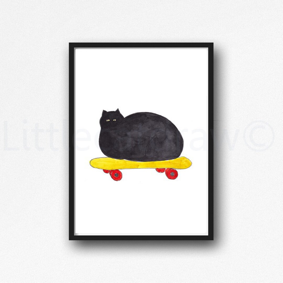 Cat Print Fat Black Cat on A Skateboard Watercolor Painting Print Cat ...
