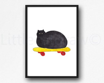 Cat Print Fat Black Cat On A Skateboard Watercolor Painting Print Cat Lover Gift Cat Decor Bedroom Wall Decor Cat Painting Wall Art Unframed