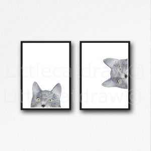 Cat Print Peeking Gray Cat Set Of 2 Prints Watercolor Painting Print Cat Lover Gift Cat Decor Wall Art Home Decor Art Print Unframed Poster