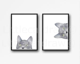 Cat Print Peeking Gray Cat Set Of 2 Prints Watercolor Painting Print Cat Lover Gift Cat Decor Wall Art Home Decor Art Print Unframed Poster