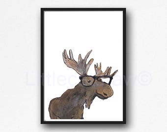 Moose Print Geek Moose Painting Print Moose Gift Nerd Moose Wall Art Living Room Decor Wall Decor Woodland Animal Print Unframed