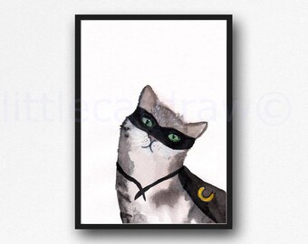 Cat Print Super Hero Cat Watercolor Painting Print Cat Lover Gift Living Room Decor Wall Art Print Wall Decor Cat Painting Decor Unframed