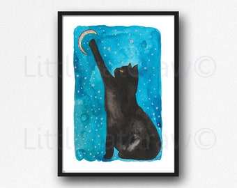 Cat Print Black Cat Reaching For The Moon Watercolor Painting Print Kitty Cat Kitten Art Print Wall Decor Cat Lover Gift Pet Moms Unframed