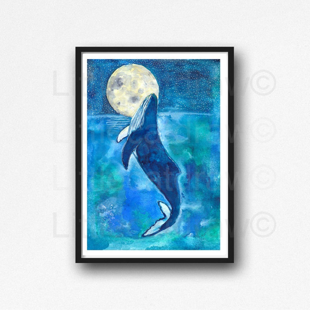 Whale Under the Moon Print Watercolor Painting Print Whale - Etsy