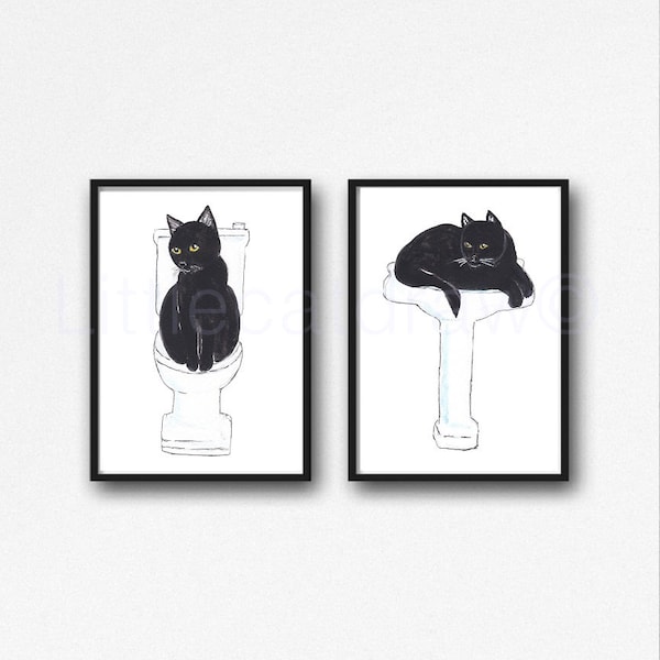 Cat Print Black Cat Toilet Set Of 2 Painting Print Wall Art Cat Lover Gift Sink Art Cat On A Toilet Bathroom Decor Unframed