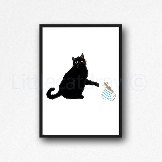 Fluffy Black Cat Knocking Over A Coffee Cup Print Unframed Etsy