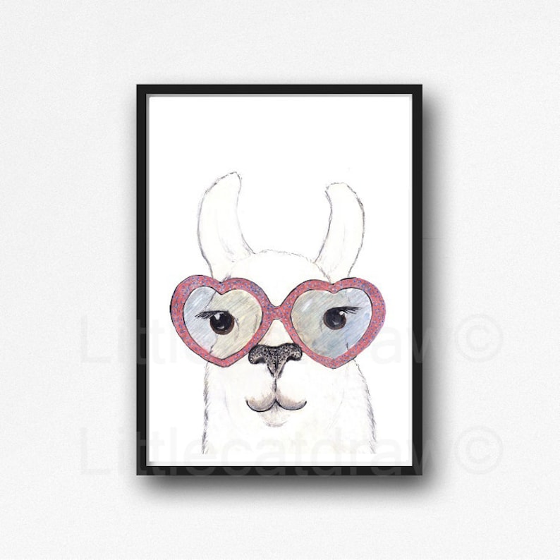 Llama Print Llama Wearing Heart Glasses Watercolor Painting | Etsy