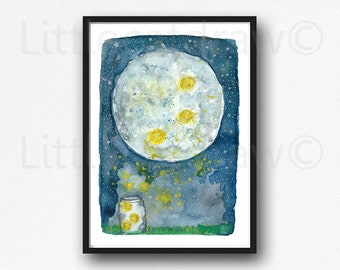 Firefly Watercolor Painting Print Moon at Night Fireflies in a Jar Firefly Wall Art Print Firefly Lightning Bug Fire Fly Home Wall Decor Art