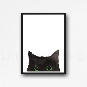 Cat Print Peeking Black Cat Painting Print Cat Art Wall Art Black Cat Decor Cat Lover Gift Art Print Unframed Poster Large Wall Art Gift Green