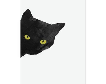 Sneaky Black Cat left by Littlecatdraw Watercolour Black Cat Siloute Black Cat with Golden eyes Cat poster Cute Cat Black Cat Lover Gift