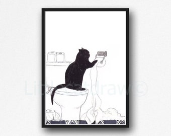 Black Cat Plays with Toilet Paper Art Print Watercolor Art Bathroom Wall Art Cat Wall Art Cat Lover Gift Unframed Poster