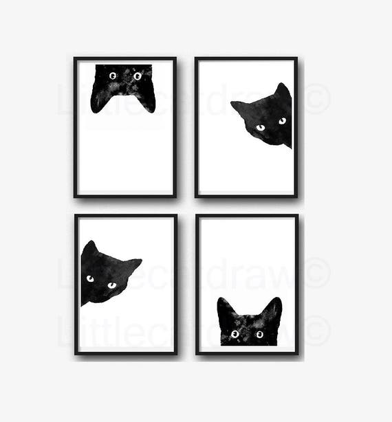 Black Cat Print Set Of 4 Watercolor Prints Cat Art | Etsy