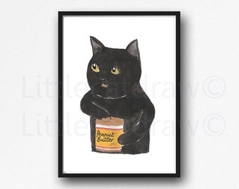 Peanut Butter Lover Cat Print Black Cat Eats Peanut Butter Watercolor Wall Art by Littlecatdraw Cute Cat Gift Black Kitten Home Decor