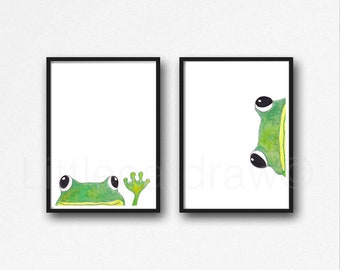 Frog Print Set of 2 Prints Peeking Watercolor Painting Print Peekaboo Animals Wall Art Wall Decor Frog Gift Art Prints Unframed Poster