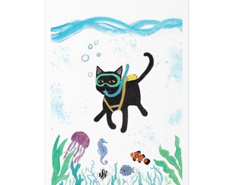 Scuba Diving Black Cat Painting Watercolor Under the Sea Print Cat Poster Unframed