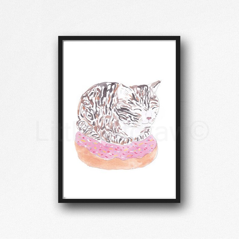 Cat Print Tabby Cat Loaf on a Donut Watercolor Painting Print Cat Lover Gift Cat Decor Bedroom Wall Decor Cat Painting Food Wall Art