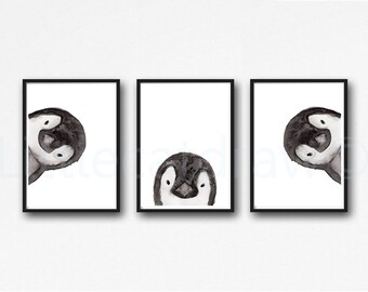 Penguin Print Set of 3 Prints Peekaboo Painting Print Peekaboo Animals Wall Art Wall Décor Penguin Gift Art Prints Unframed Poster Penguins