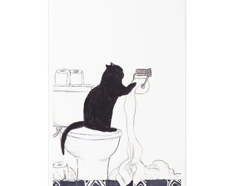 Black Cat Playing with Loo Paper Art Print Watercolor Art Bathroom Wall Art Cat Wall Art Cat Lover Gift Unframed Poster