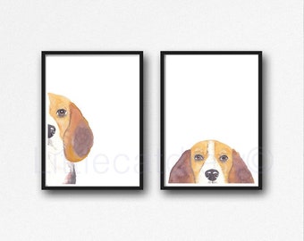 Peekaboo Beagles Cute Dog Art Prints Set of 2 Dog Wall Art Watercolour Paintings Posters Puppies Dog Art Prints Unframed Dog Lover Gift Dog