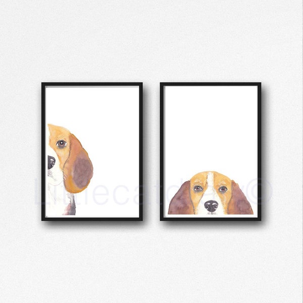 Ensemble de 2 impression chien Beagle peekaboo peinture aquarelle impression chien décoration murale chien amoureux des chiens cadeau impression coucou chien art mural sans cadre