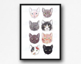 Cat Print Cat Lover Gift Cat Art Wall Decor Cat Art Black Cat Ginger Tabby Cat Burmese Cat Calico Cat Sphynx Cat Print Unframed