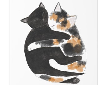 Black and Calico Cats Cuddling by Littlecatdraw Posters