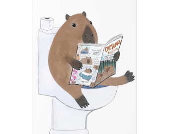 Capybara Reading the News on the Toilet Print, Capybara Art Print, Capybara on the Toilet, Bathroom Art, Capybara Gift Animal Art Unframed