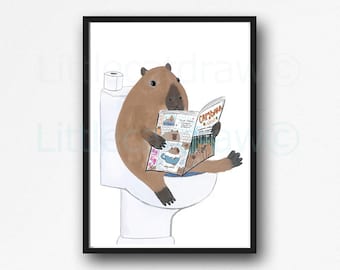 Capybara Print Capybara Reading The News On The Toilet Painting Print Art Bathroom Decor Wall Decor Art Print Capybara Lover Gift Unframed