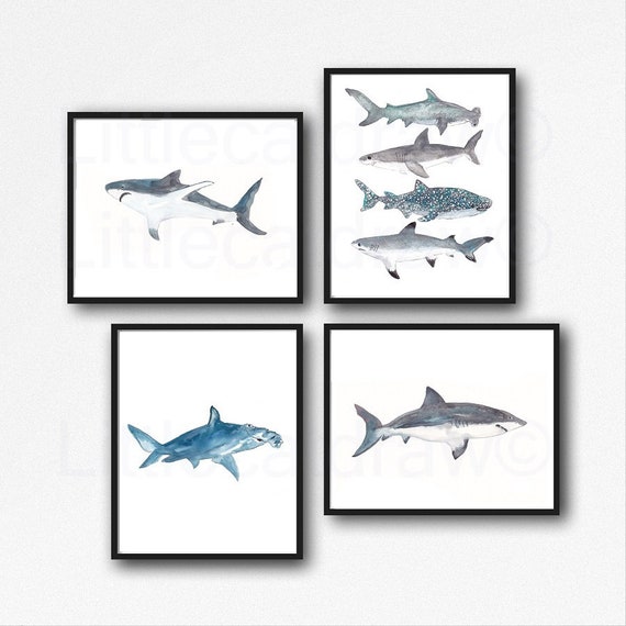 pics Shark Pictures To Print shark print set of 4 watercolor painting print nautical print etsy