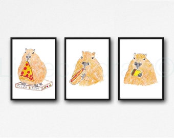 Capybara Print Set Of 3 Watercolor Painting Art Prints Pizza Taco Hot Dog Capybara Wall Decor Wall Art Lover Gift Art Prints Unframed