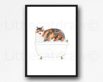 Cat Print Bath Time Calico Cat Watercolor Painting Print Wall Art Bathroom Decor Bathtub Bath Tub Wall Decor Art Cat Lover Gift Unframed