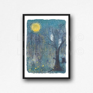 Firefly Print Watercolor Painting Print Starry Night In The Forest Fireflies Owls Owl Wall Art Print Lightning Bug Home Decor Wall Decor