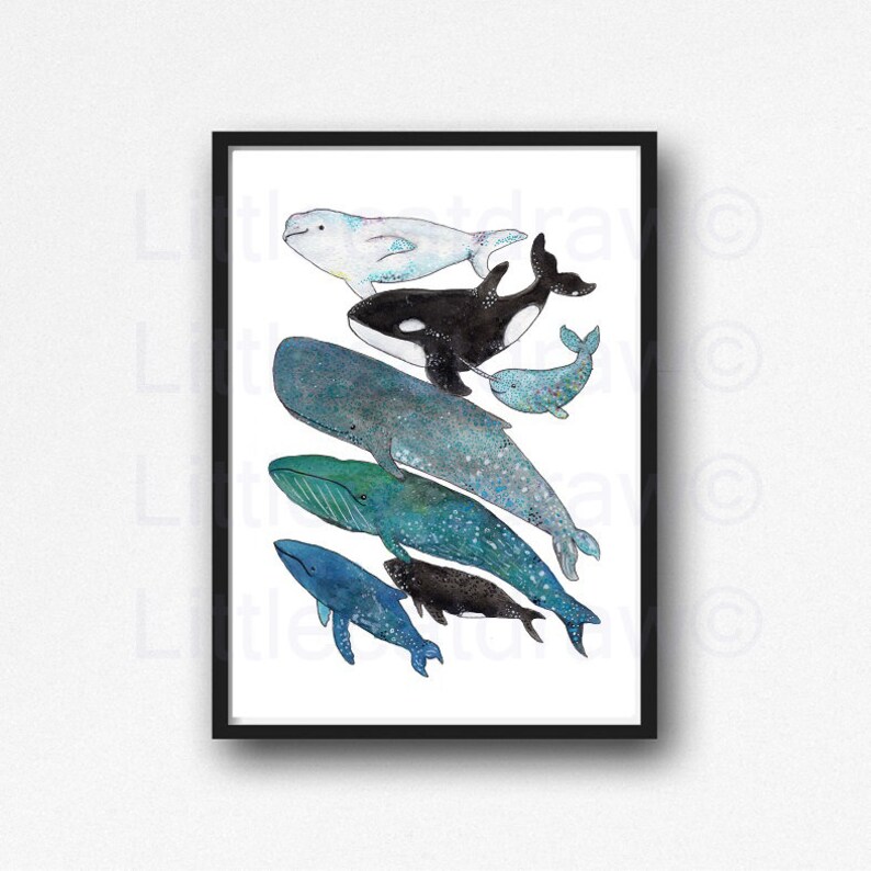Whale Print 7 Whale Stack Watercolor Painting Art Print Nautical Print Whale Gift Orca Narwhal Sperm Whale Wall Art Beach Decor Wall Decor