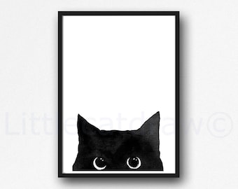 Cat Print Peeking Black Cat Painting Print Cat Art Wall Art Black Cat Decor Cat Lover Gift Art Print Unframed Poster Large Wall Art Gift